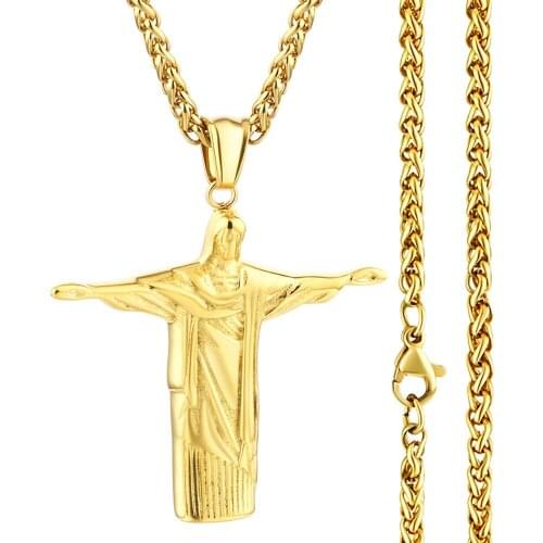 Christ Redeemer Portrait Cross Pendant Necklace Rio Brazil Jesus Statue Stainless Steel Chain Necklace Cristo Redentor Jewelry
