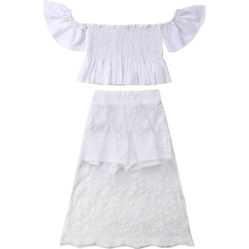 2PCS High Quality Toddler Kids Baby Cute Girl White Lace Floral Cotton Tops+Long Skirt Outfits Clothes