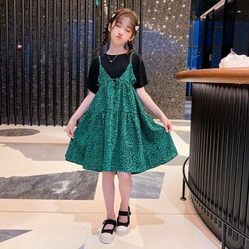 Girls clothing sets 2021 summer new teenage girl black t shirts and floral print strapless dress 2pcs outfits wholesale