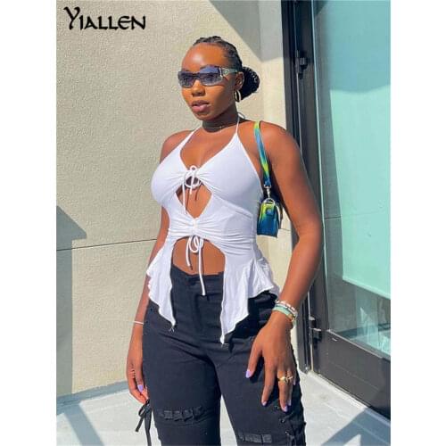 Yiallen Summer Sexy Party Club Clothes For Women 2021 New Hollow Out Shirring Halter Y2K Crop Top Female Fashion Streetwears
