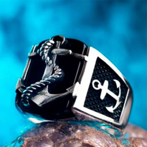 Sailor Anchor Ring For Men Natural Black Onyx Stone Original Real Pure Sterling Silver 925 High Quality Turkish Jewelry