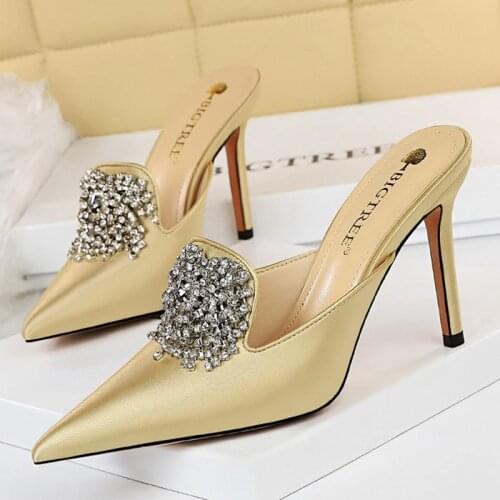 2021 Luxury Women 10.5cm Hig Heels Slides Party Mules Female Gold Silver Heels Closed Toe Crystal Slippers Outsides Prom Shoes