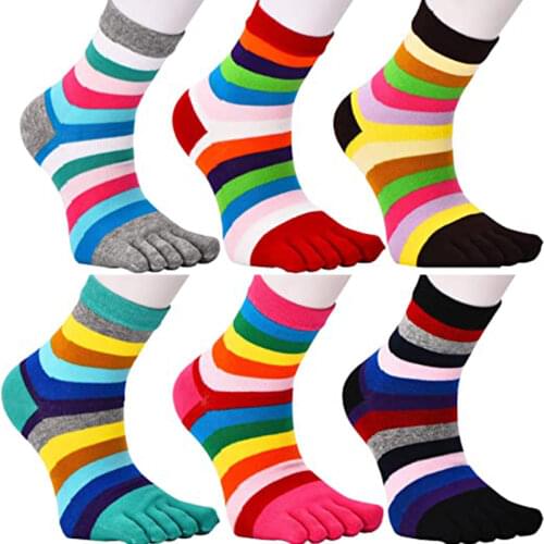 5 Pairs Fashion Womens Five Fingers Crew Socks Korean Style Bright Rainbow Striped Polka Dot Cartoon Cat Low Tube Cotton Socks