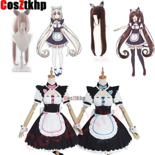 2021 New Nekopara Cosplay Costume Chocolat and Vanilla Wigs Womens Dresss Nekopara Maid Uniform Set Halloween Party Dress wig