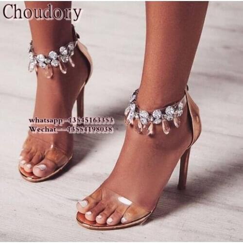 New Luxury Womens Rhinestone Deco Sandals Shoes Female Crystal Wedding Party High Heels Summer Style Transparent PVC Women Shoe