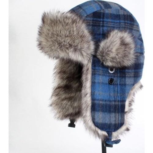 Super warm! Autumn and winter men womens Cotton cap blue big plaid checked lei feng cap skiing hat winter wool hat winter hat