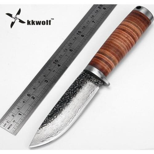 KKWOLF Fixed blade Hunting Knife Handmade forged Damascus Steel camping knifeblade 58HRC leather handle survival Tactical tool