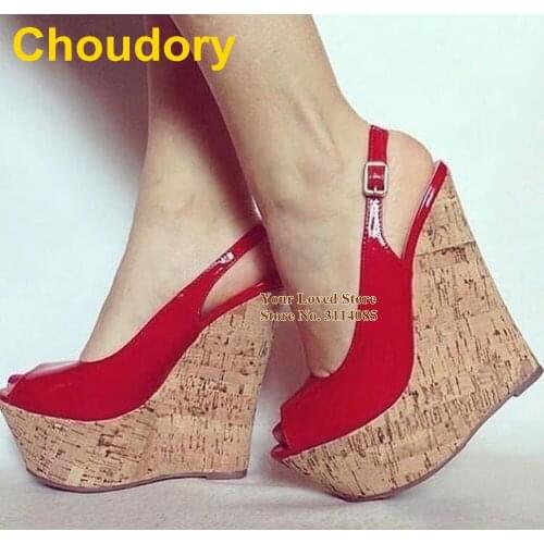 Choudory Sexy Wooden Wedge Heel Dress Shoes High Platform Open Toe Sandals Hot Red Patent Leather Patchwork Wedding Pumps