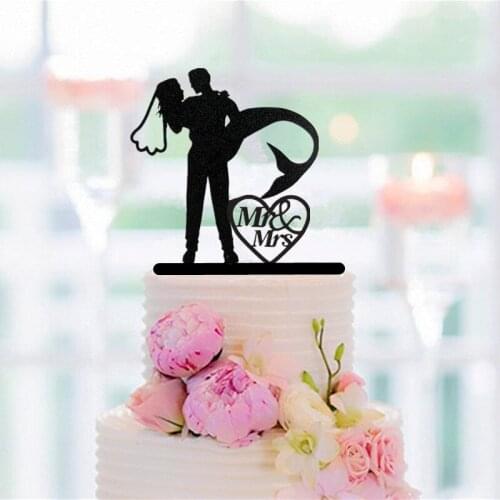 Mermaid Bride and Groom silhouette Mr & Mrs Wedding Cake Topper, acrylic tooper for Cake Decorating Wedding Decoration