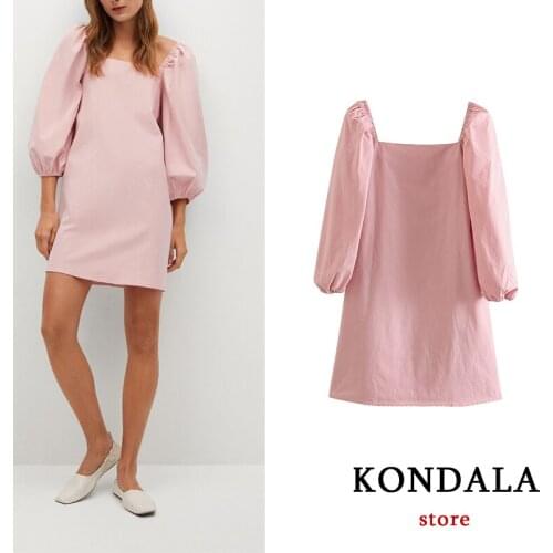 KONDALA Za Chic Pink Women Dress Office Lady Long Puff Sleeve Mini Dress Cotton Summer 2021 Oversize Elegant Mujer Vestidos