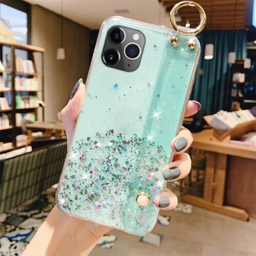 Luxury Bling Glitter Wristband Silicone Phone Case For iPhone 13 12 11 Pro XS Max SE XR X 8 7 Plus Ultra-thin Cute Lanyard Cover
