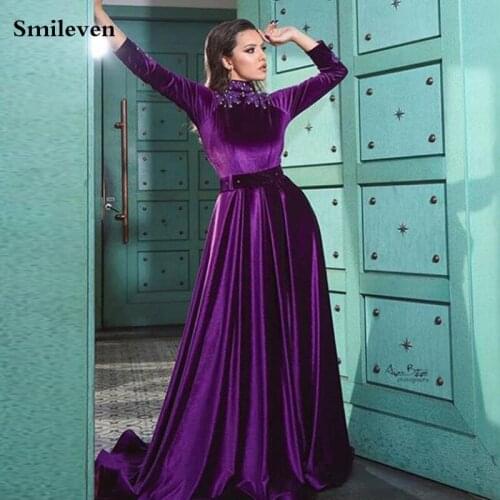 Smileven Purple Kaftan Evening Dresses High Neck Pearls Lace Saudi Arabia Special Occasion Dresses Dubai Prom Party Gowns