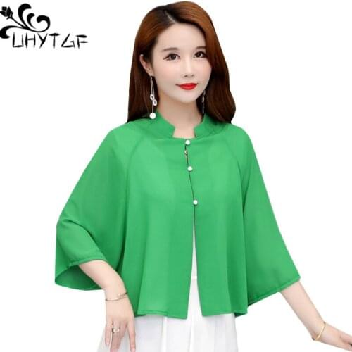UHYTGF 2020 Sun protection clothing fashion chiffon summer tops jacket solid color elegant small shawl Short coat plus size 1578