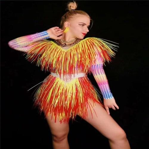 X53 Party female dance dress stage tassel wears skirt bar singer perform bodysuit disco rave outfits clothing dj show jumpsuit