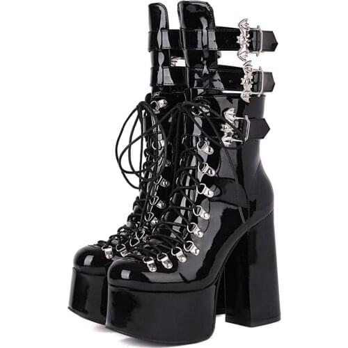 2021 Autumn Lace-Up Motorcycle Boots For Women Round Toe Thick Platform Punk Heels Female Mid-calf Boots Demonia Gothic Shoes