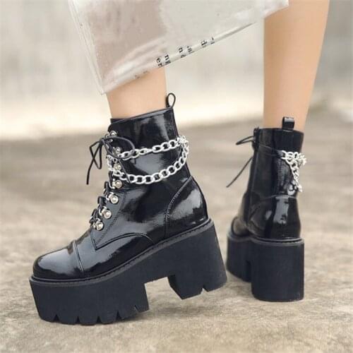 PXELENA 2021 Punk Rock Gothic Thick Sole Chunky Block High Heels Platform Combat Motorcycle Ankle Boots Women Metal Chain Shoes