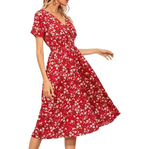 Women dresses 2021 New Floral Print Loose Female Ladies V Neck Summer Dress for Vacation Women clothes Pink xxl платье летнее