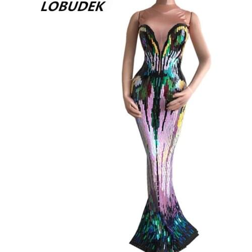 Bar Female stage Costume multicolor Sequins Trailing long Dress Sparkly Crystals one piece dresses Party Celebration Mermaid