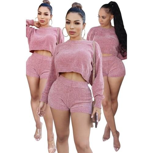 2021 Spring Casual Women Two Piece Set Sweater + Short Pants Streetwear Tracksuit Loose Clothes For Women Outfit Solid Casual