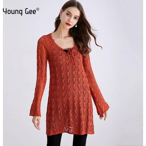 Young Gee Fashion Hollow Out Sweaters Women 2019 Autumn Casual Knit Long Tops Female High Street Chic Lace Up Pullover Jumper