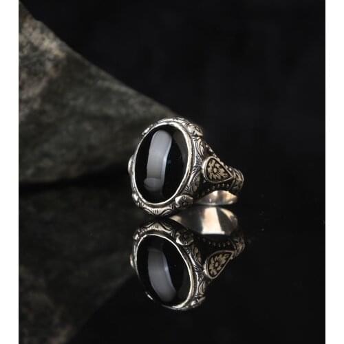 Dark Blue Zircon 925 Sterling Silver With Gold Plate Engrave Traditional Handmade Turkish Signet Ring Jewelry Gift for Women Men