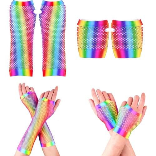1 Pair Colorful Retro Mesh Gloves Sexy Women Girls Mermaid Fishnet Fingerless Wrist Glove 80s Party Favors Fancy Mittens Costume