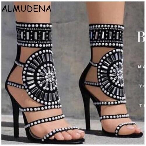 Shining Crystal Beaded Suede Geometric Pattern Gladiator Thin High Heel Sandal Summer Party Shoes