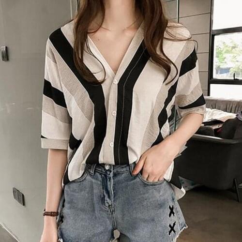 Fashion Striped Womens Shirts 4xl Plus Size Short Sleeve Tunic Casual V-neck Summer Blouses Tops Women Elegant Clothing Рубашка