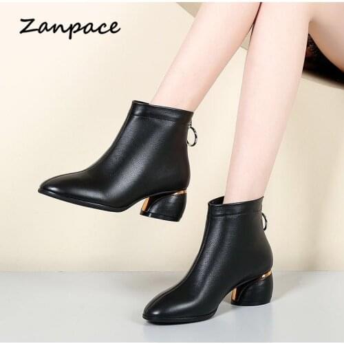 Black Ankle Boots Women Autumn Soft Leather Boots Thick Med Heel 5cm Chelsea Boots PU Leathe Zipper Short Plush Shoes Women