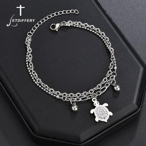 Letdiffery Clear Crystal Tortoise Women Animal Bracelets Stainless Steel 2 Layers Cute Jewelry Birthday Gifts