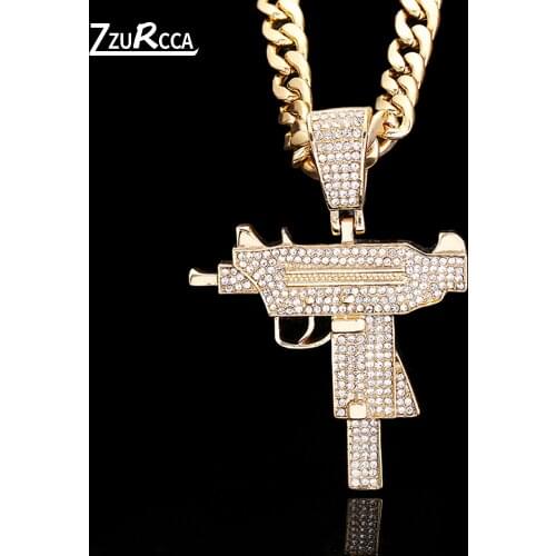 Hip Hop Neck Chains Gun Pendant Necklace Iced Out Gold Color Cuban Chain Necklace for Men with Bling Rhinestone Birthday Gift