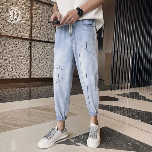 Jeans Trend Loose Old Pants Washed Harem Denim Pants Mens Embroidery Lines Hip-hop Streetwear 9 Points Trousers Plus Size