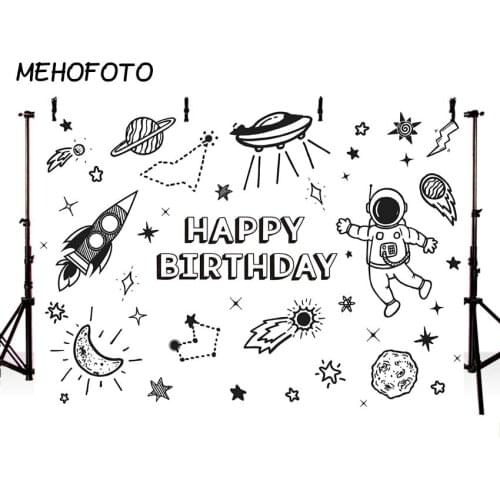MEHOFOTO Outer Space Astronaut Birthday Backdrop Spaceship Planets Rockets Photography Background Outer Space Party Banner Props