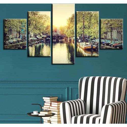 Urban Creek in the Morning Sun Canvas HD Prints Posters Home Decor Wall Art Pictures 5 Pieces Art Paintings No Frame