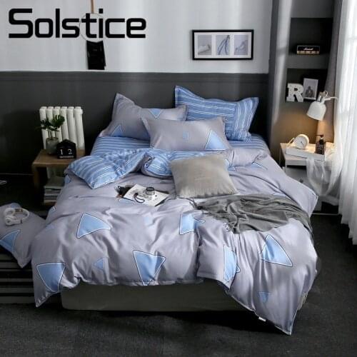 Solstice Home Textile Double Single Bedding Linen Set Triangle Gray Blue Stripe Boy Teen Girl Duvet Cover Pillowcase Flat Sheet