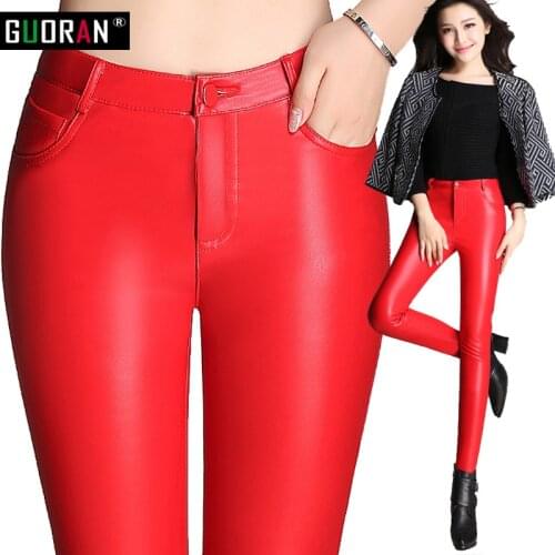 High waist leather pants women PU leggings Red plus size 2016 winter warm slim skinny casual pencil pants female trousers