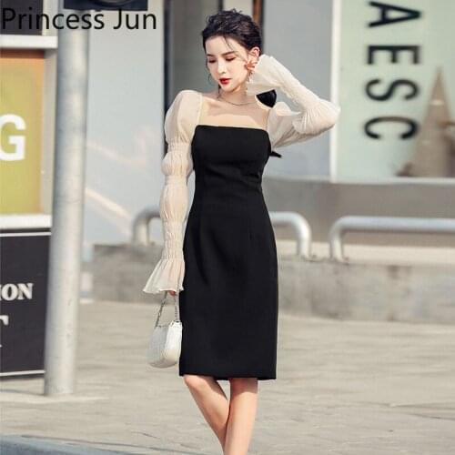 French Fashion Long Puff Sleeve Little Black Dress Elegant Retro Square Collar Party Dress Victorian Vintage Slim Cocktail Dress