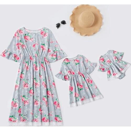 Parent-Child Matching Outfit Print Short-Sleeve Ruffled Mother & Daughter Dress