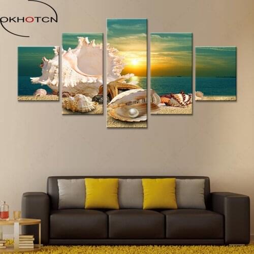 OKHOTCN 5 Piece Canvas Picture Modular Sea Shells View Painting Modern Pictures Wall For Kitchen Home Wall Art Decoration Prints