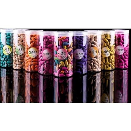 About 200pcs With Plastic Box Mixed Backflow Incense Cones Sandalwood Jasmine Rose Smoke Cone Reflux Tower Incense Bullet