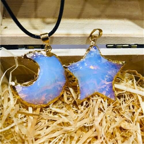 Opal moon star shape Plated gold moon crescent Shape Pendant Energy Pendant Necklace For Friends For Lovers