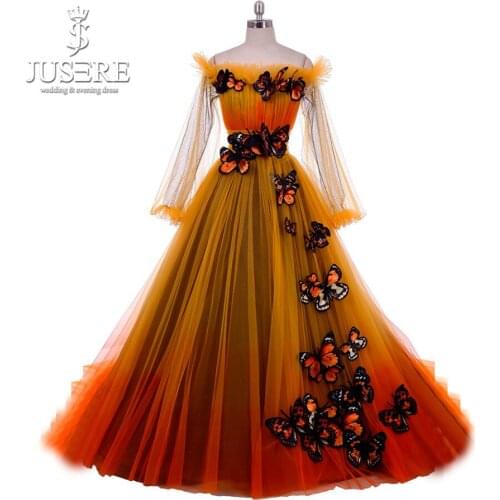Jusere A line Off Shoulder Zipper Back Yellow Tone Long Sleeves Tulle Lady Party Formal Gown Black Butterfly Evening Dress 2018