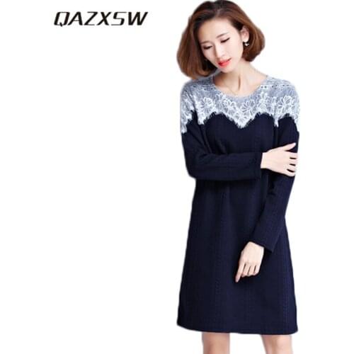 QAZXSW 2019 New Plus Size Dresses For Women 5XL Patchwork Women Lace Dresses O-Neck Casual Teenager Girls Dress Vestido HB538