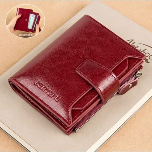 Luxury Oil Wax Genuine Leather RFID Blocking Wallets Cowhide Short Womens Card Holder Coin Purse with Removable Driver License