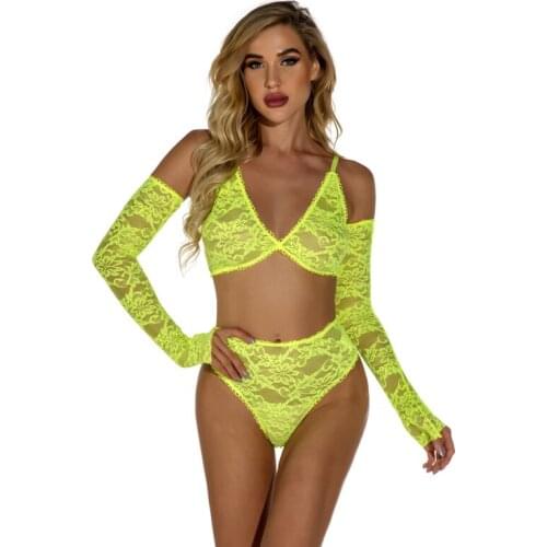 Women Perspective Underwear Suit Ladies Lace Flower Net Yarn Corset Sexy Lingerie Erotic Bra Briefs Sleeve Three Piece Set