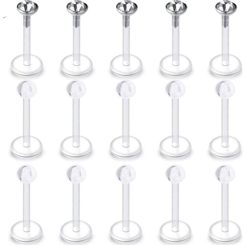 15 Pcs Cartilage Earrings Set Ear Piercing 16G Classic Style Helix Tragus Clear Plastic Lip Lebret Studs Retainer Body Piercing