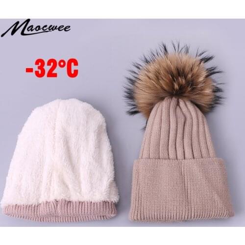 Real Fur Pompom Beanie Hat With Lining For Baby And Children Outdoor Fashion Solid Color Warm Hat Thick Add Velvet Bonnet Caps