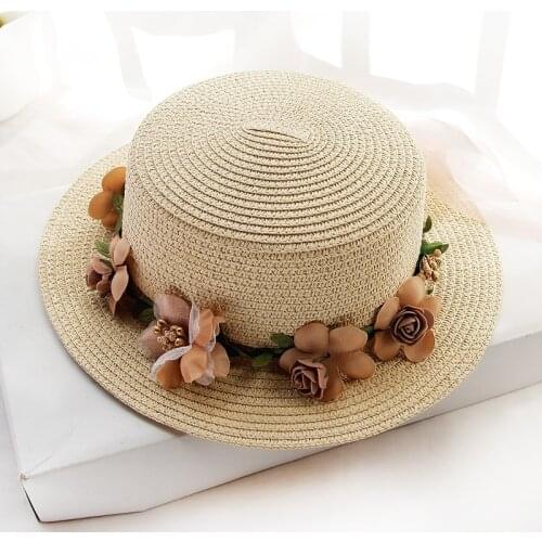 Children Summer New Girls Sun Hat Bucket Cap Beige Lace Bowknot Flowers Ribbon Flat Top Straw Hat Beach Caps Panama