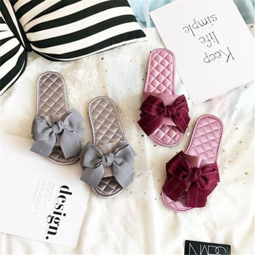 Women Indoor Slippers Flat Shoes Fashion Satin Bow Tie Slides Silver Home Slippers Ladies Shoes Non Slip Summer Women Footwear