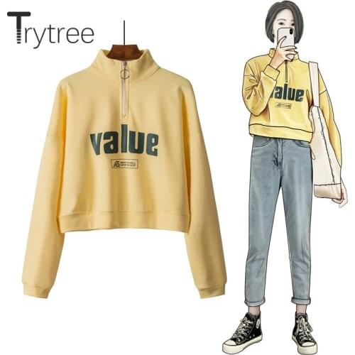 Trytree 2020 Autumn Winter Women Sweatshirt Casual Cotton Turtleneck Zipper Fashion Loose Letter 6 Colour Office Lady Sweatshirt